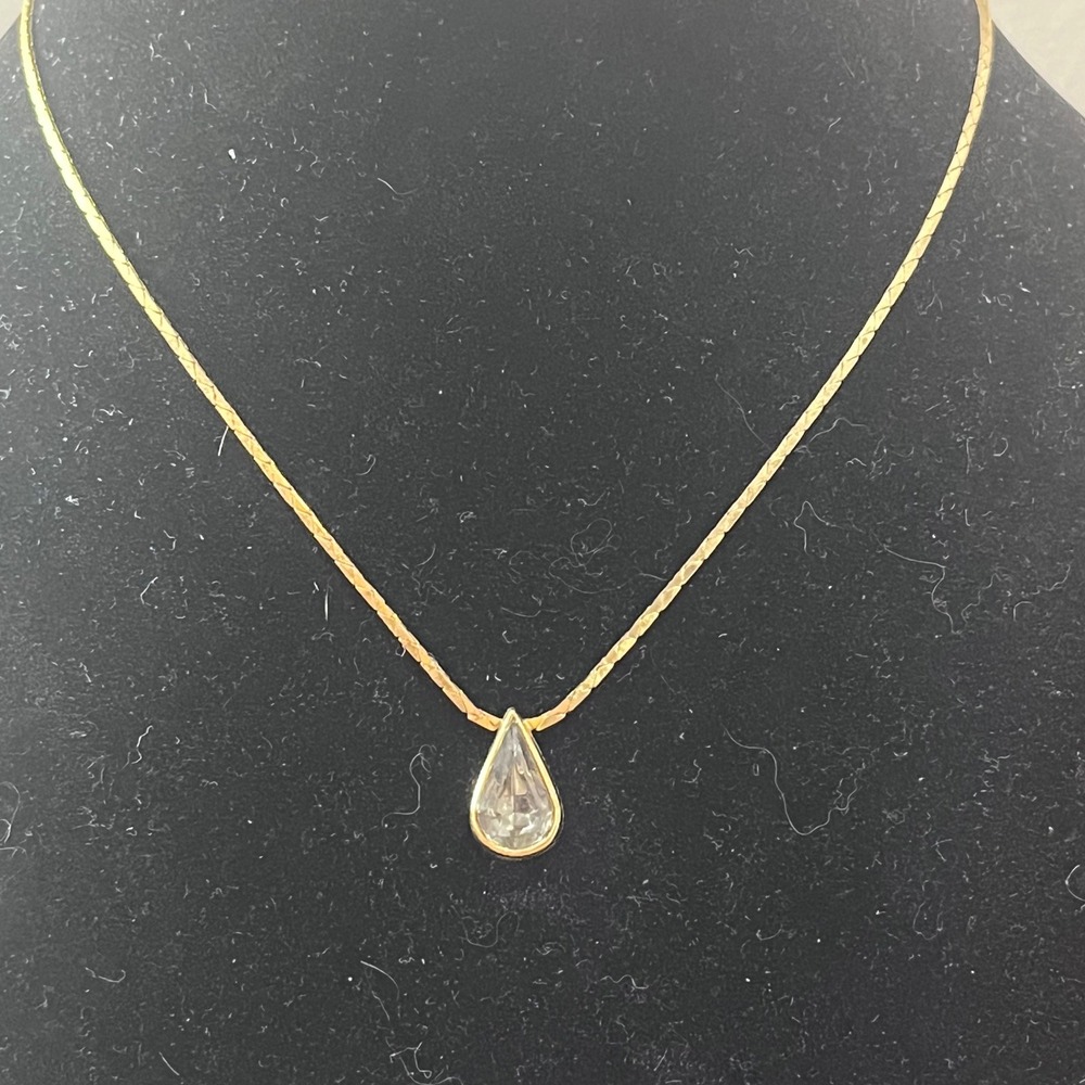 Vtg Merlite Gold Tone Herringbone Chain Teardrop Crystal Pendant Necklace